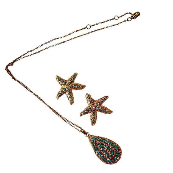 Lilly Pulitzer gold tone & turquoise necklace & pierced starfish earrings set - Picture 1 of 8